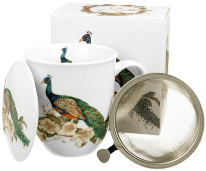 Kubek porcelanowy z zaparzaczem i pudełkiem z serii World of Birds z motywem pawia.