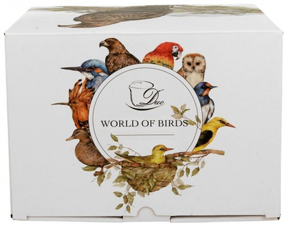 Białe pudełko z kolorowymi ilustracjami ptaków z kolekcji World of Birds.