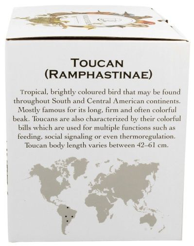 Bok pudełka z opisem tukana i mapą występowania.