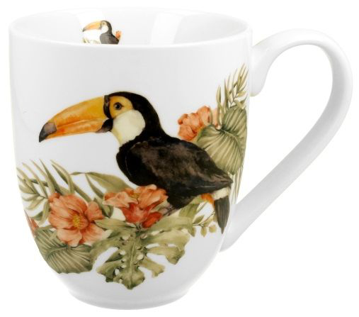 Porcelanowy kubek XXL z ilustracją tukana i tropikalnej roślinności.