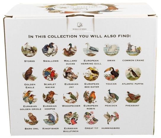 Pudełko kolekcji World of Birds z ilustracjami różnych gatunków ptaków.