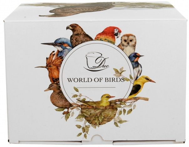 Białe pudełko World of Birds z kolorowymi ptakami wokół logo.
