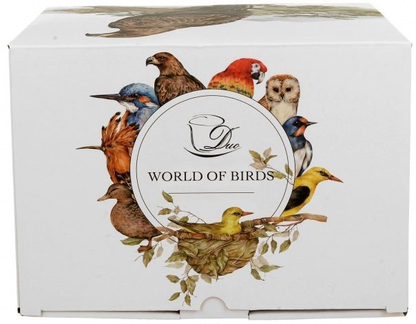 Białe pudełko World of Birds z kolorowymi ptakami wokół logo.