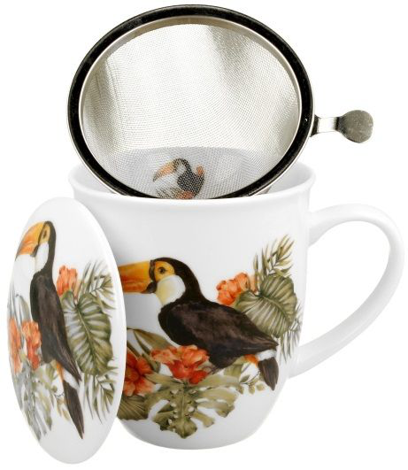 Kubek porcelanowy z zaparzaczem i pokrywką, ozdobiony wizerunkiem tukana wśród roślin.
