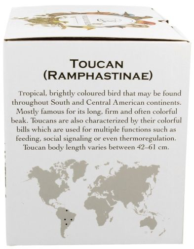Opis tukana na pudełku z mapą występowania ptaka.