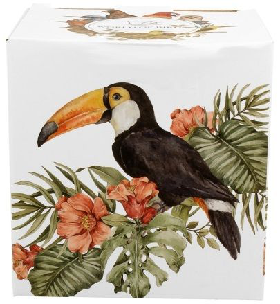 Ilustracja tukana siedzącego wśród tropikalnych liści i kwiatów na opakowaniu.