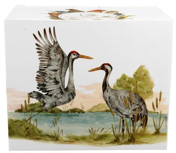 Ilustracja żurawi zwyczajnych na boku pudełka z kolekcji Ptasí Świat.
