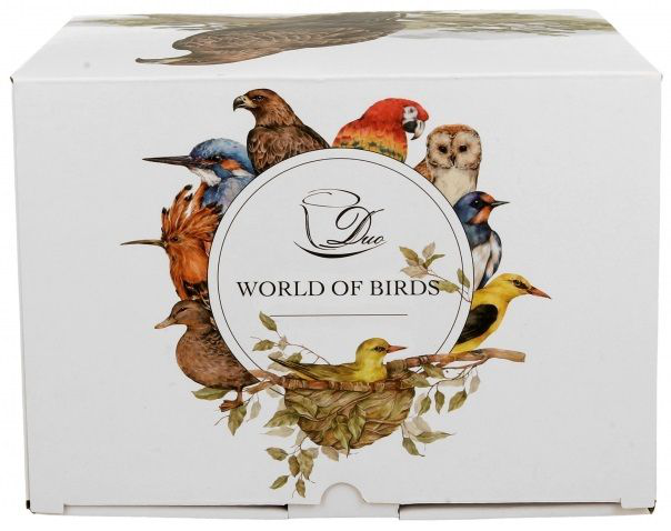 Logo World of Birds na ozdobnym pudełku porcelanowego kubka.