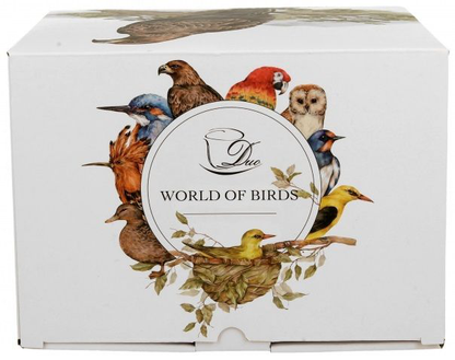 Logo World of Birds na ozdobnym pudełku porcelanowego kubka.