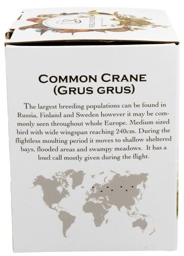 Opis na pudełku kubka Ptasí Świat Żurawie Zwyczajne z mapą występowania ptaków.