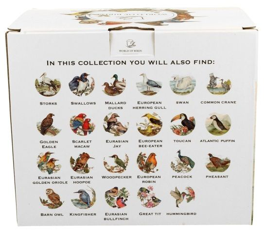 Pudełko kolekcji World of Birds z ilustracjami różnych gatunków ptaków.