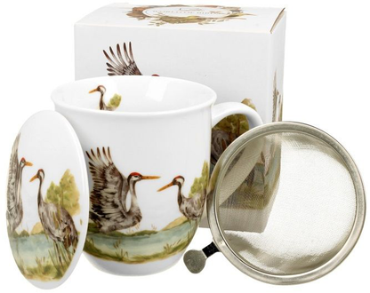 Zestaw prezentowy – kubek z zaparzaczem, pokrywką i pudełkiem z motywem żurawi zwyczajnych.