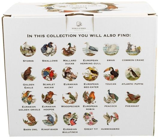 Pudełko z ilustracjami ptaków z kolekcji World of Birds, m.in. bocianów, łabędzi, sójek i papug.