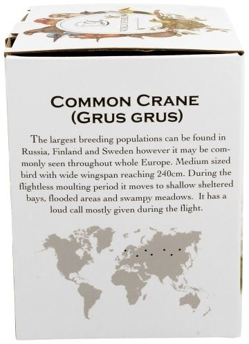 Białe pudełko z opisem w języku angielskim o żurawiu zwyczajnym, mapą rozmieszczenia i nazwą gatunku.