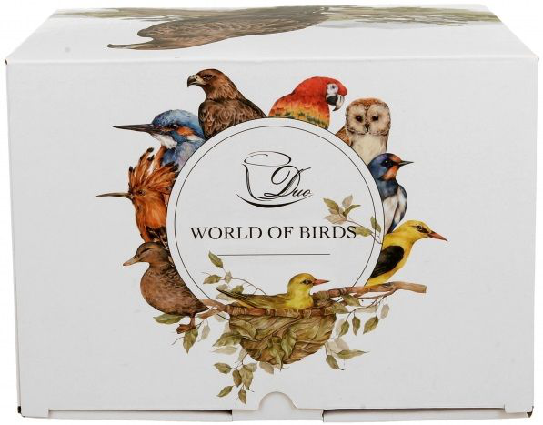 Pudełko z okrągłym logo DUO i napisem World of Birds otoczonym ilustracjami kolorowych ptaków.