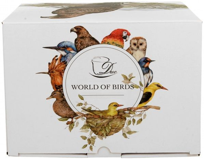Pudełko z okrągłym logo DUO i napisem World of Birds otoczonym ilustracjami kolorowych ptaków.