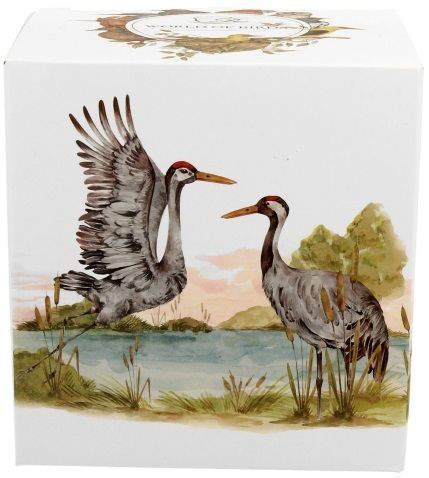 Pudełko z akwarelową ilustracją dwóch żurawi zwyczajnych nad wodą, jeden stoi, drugi w locie.