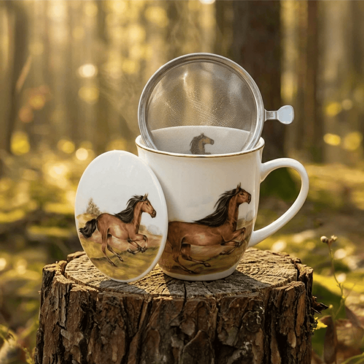 Kubek z zaparzaczem Koń Gniady 400 ml marki Duo Gift, porcelanowy model z dekoracyjnym motywem, kolejne ujęcie