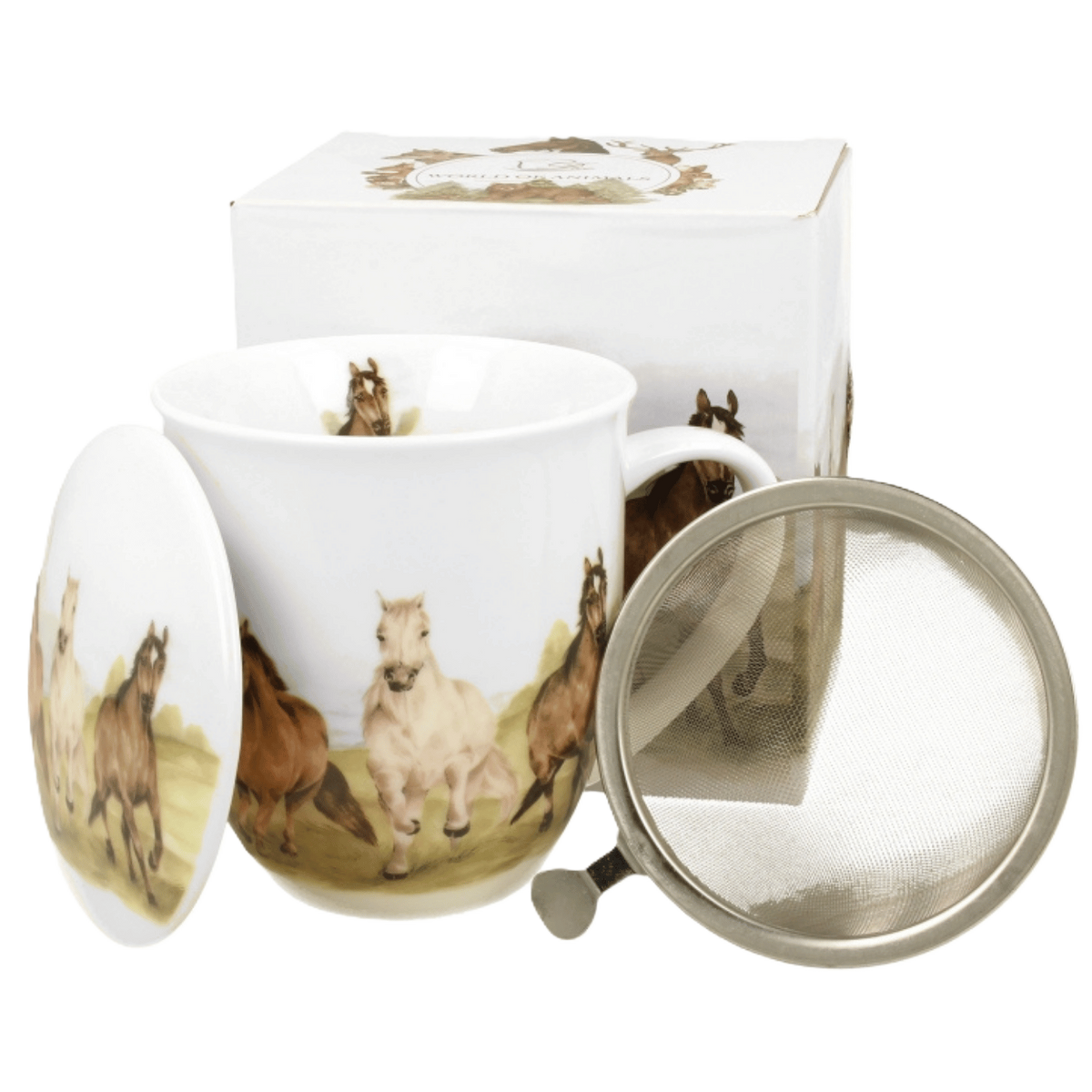 Kubek z zaparzaczem Konie W Galopie 400 ml marki Duo Gift, porcelanowy model z dekoracyjnym motywem, pierwsze ujęcie