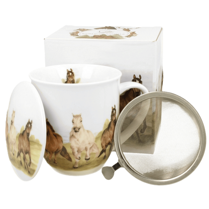Kubek z zaparzaczem Konie W Galopie 400 ml marki Duo Gift, porcelanowy model z dekoracyjnym motywem, pierwsze ujęcie