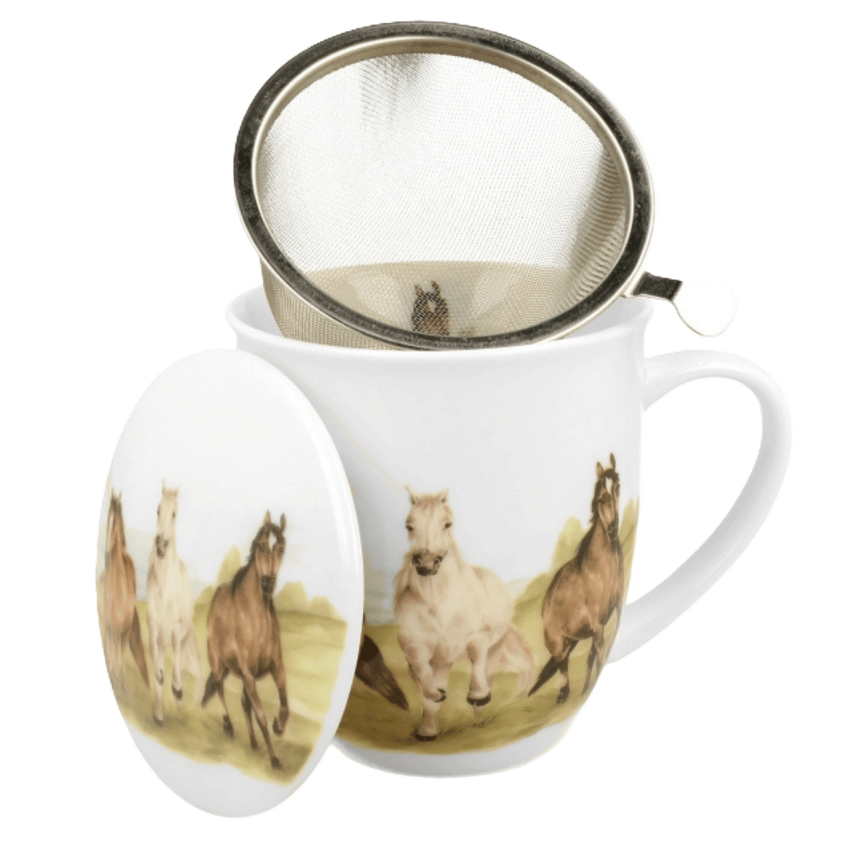 Kubek z zaparzaczem Konie W Galopie 400 ml marki Duo Gift, porcelanowy model z dekoracyjnym motywem, ujęcie numer 3
