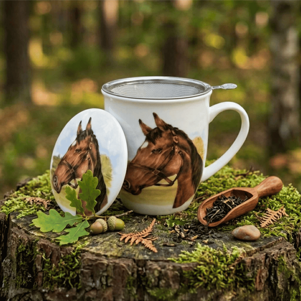 Kubek z zaparzaczem Portret Konia 400 ml marki Duo Gift, porcelanowy model z dekoracyjnym motywem, kolejne ujęcie