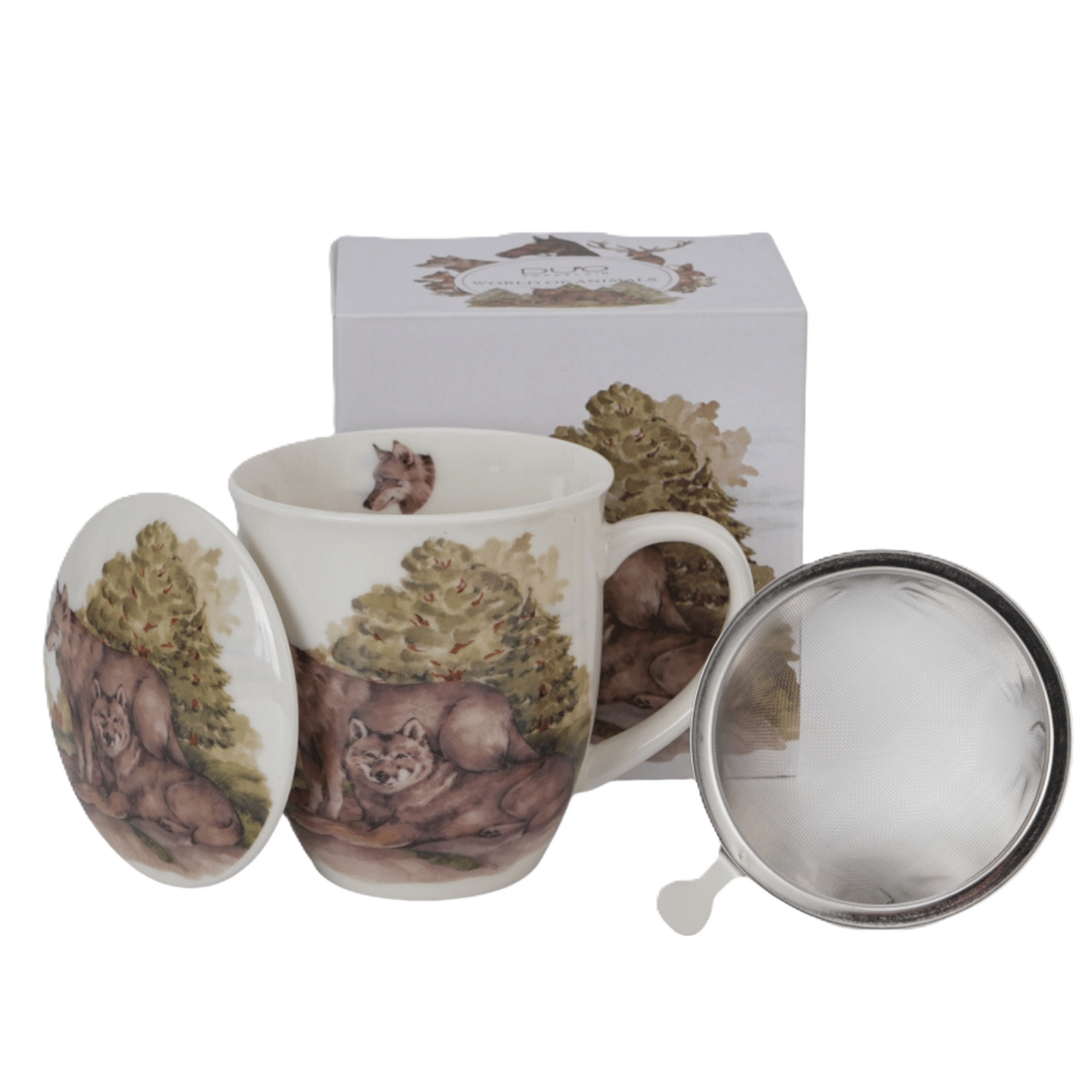 Kubek z zaparzaczem Wilki 400 ml marki Duo Gift, porcelanowy model z dekoracyjnym motywem, pierwsze ujęcie