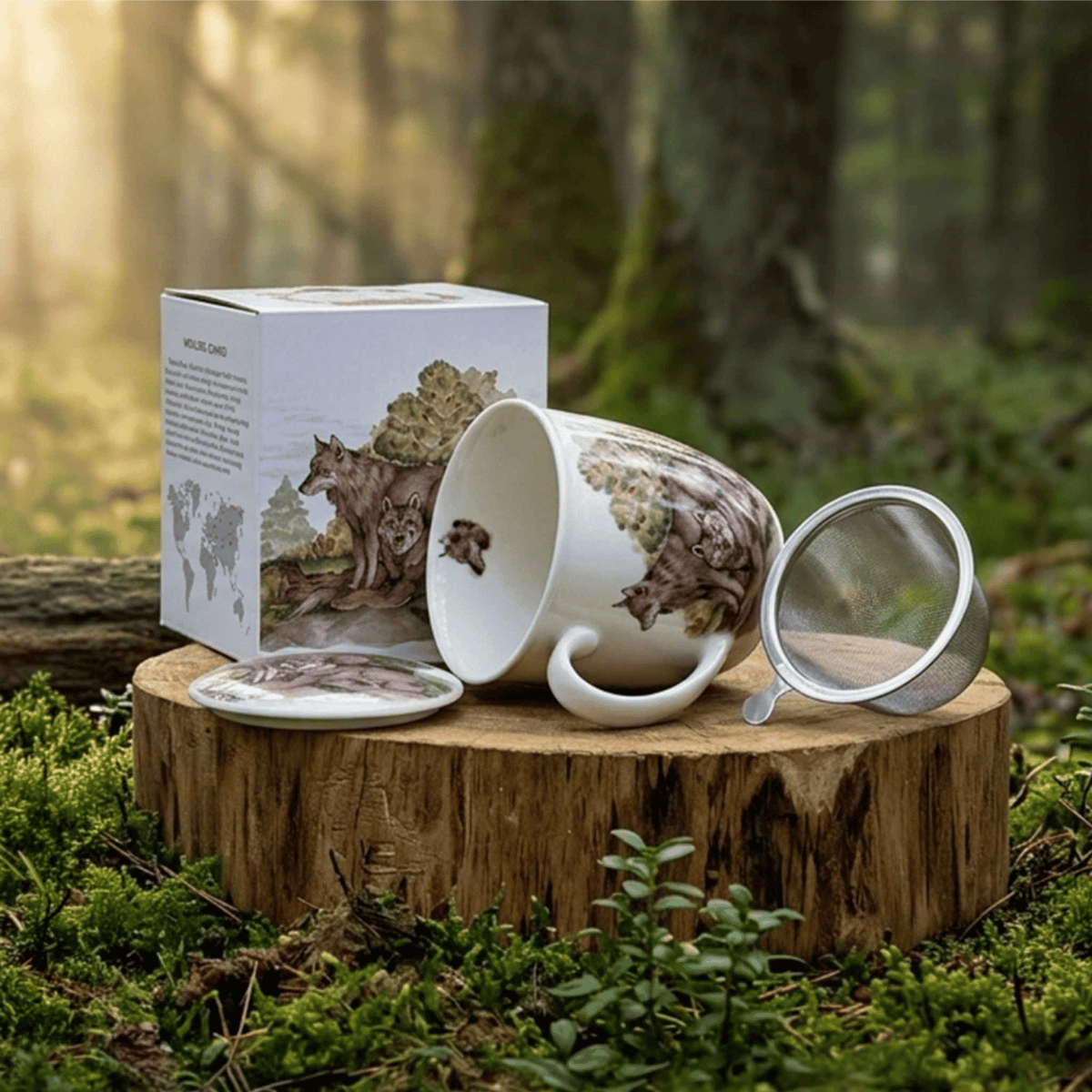 Kubek z zaparzaczem Wilki 400 ml marki Duo Gift, porcelanowy model z dekoracyjnym motywem, kolejne ujęcie