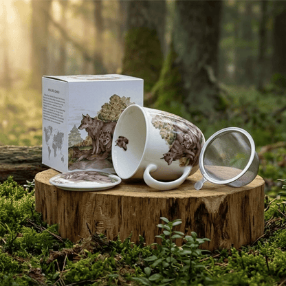 Kubek z zaparzaczem Wilki 400 ml marki Duo Gift, porcelanowy model z dekoracyjnym motywem, kolejne ujęcie