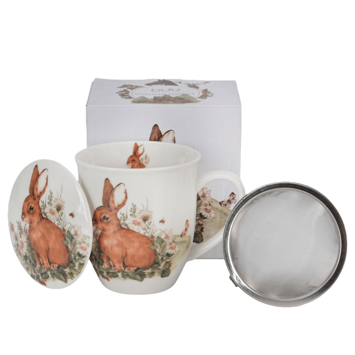 Kubek porcelanowy Duo Zając 400 ml z zaparzaczem i motywem leśnego zwierzęcia