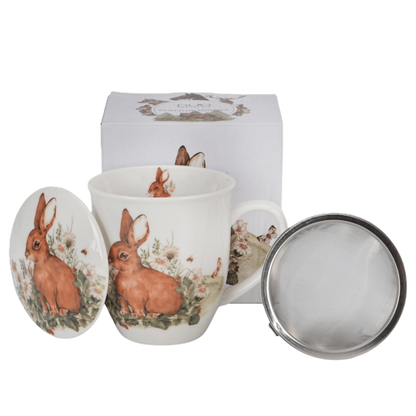 Kubek porcelanowy Duo Zając 400 ml z zaparzaczem i motywem leśnego zwierzęcia