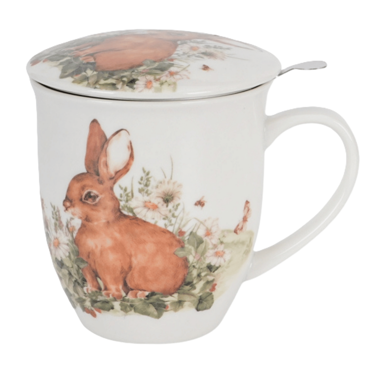 Porcelanowy kubek Zając z metalowym zaparzaczem do herbaty liściastej