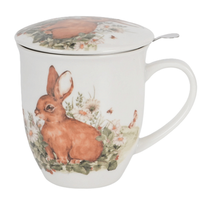 Porcelanowy kubek Zając z metalowym zaparzaczem do herbaty liściastej