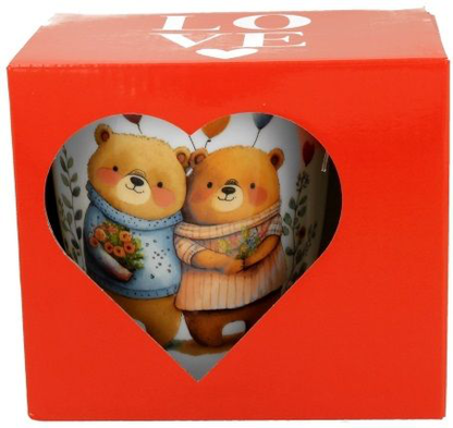 Pudełko z serduszkowym okienkiem prezentujące kubek Misie 2.