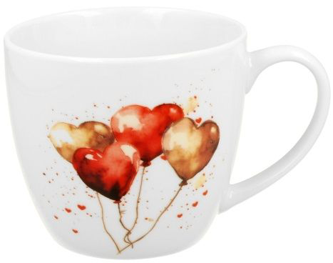 Kubek porcelanowy Balony 2 – 460 ml z ozdobą balonów w kształcie serc w czerwono-złotej kolorystyce.