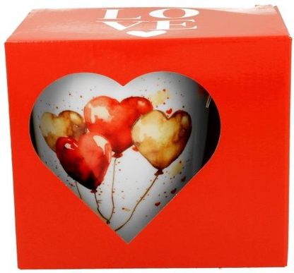 Czerwone pudełko prezentowe z okienkiem do kubka porcelanowego Balony 650 ml.