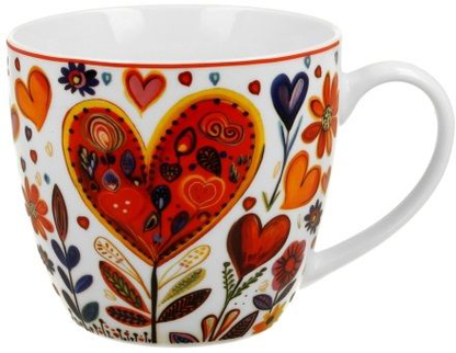 Porcelanowy kubek Kolorowe Serca 650 ml z kolorowym wzorem serca i kwiatów na białym tle.