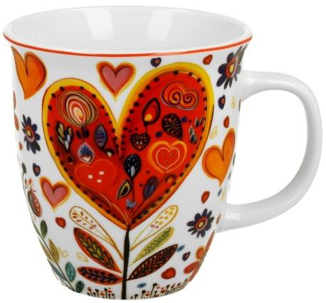 Porcelanowy kubek Kolorowe Serca 4 o pojemności 650 ml, ozdobiony dużym czerwonym sercem i kolorowym wzorem kwiatowym.