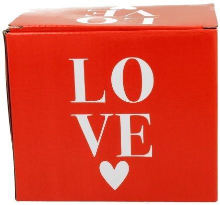 Czerwone pudełko prezentowe z napisem LOVE, w którym zapakowany jest kubek porcelanowy Kolorowe Serca 4.