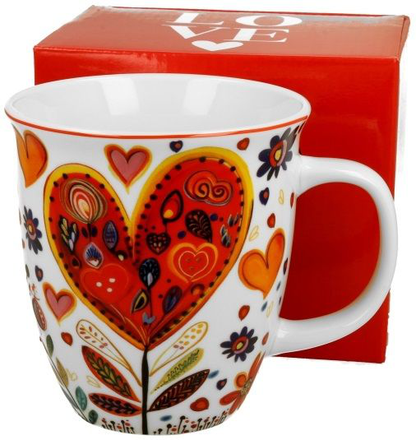 Kubek Kolorowe Serca 4 w komplecie z pudełkiem prezentowym, widok całości zestawu.
