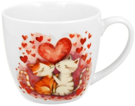 Biały kubek porcelanowy Koty o pojemności 460 ml z kolorowym nadrukiem przedstawiającym dwa zakochane koty otoczone czerwonymi serduszkami.