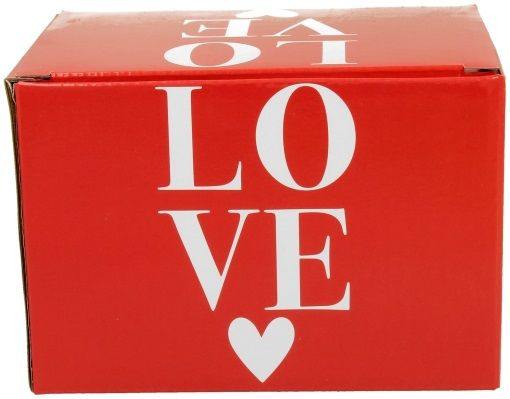Ozdobne czerwone pudełko prezentowe z białym napisem LOVE i sercem, w którym zapakowany jest kubek porcelanowy Koty 460 ml.