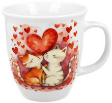 Kubek porcelanowy 650 ml z motywem zakochanych kotów wśród czerwonych serduszek.