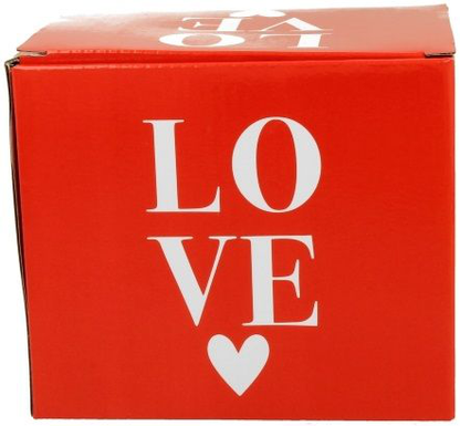 Czerwone pudełko ozdobne do kubka porcelanowego Koty 650 ml z białym napisem LOVE.