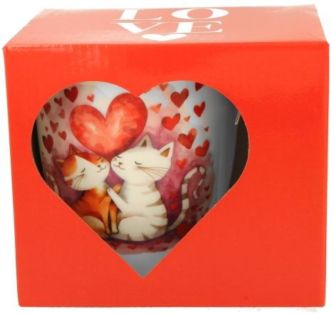 Pudełko z okienkiem w kształcie serca, przez które widać kubek porcelanowy Koty z motywem serc.
