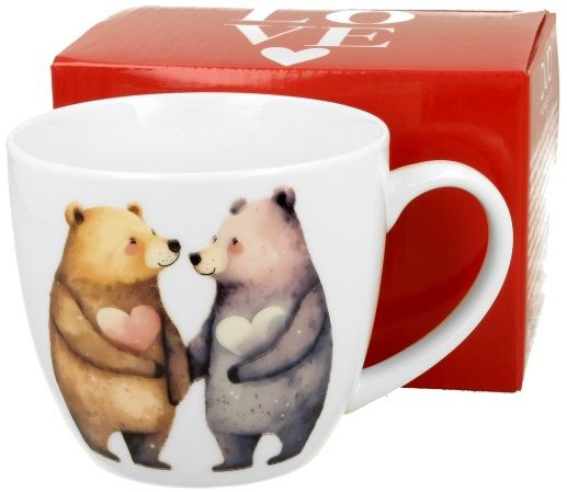 Kubek porcelanowy Misie 1 460 ml z nadrukiem dwóch misiów trzymających serca – uroczy i romantyczny wzór.