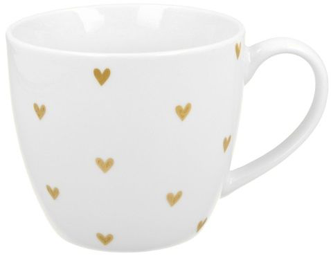 Biały kubek porcelanowy ozdobiony złotymi serduszkami, kolekcja Serca 5 – 460 ml.