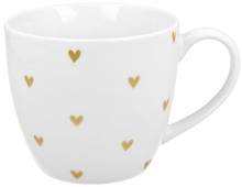 Biały kubek porcelanowy ozdobiony złotymi serduszkami, kolekcja Serca 5 – 460 ml.