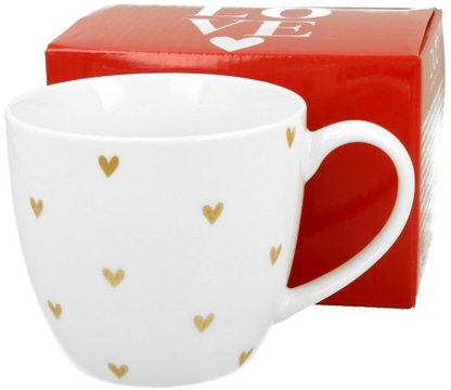 Kubek porcelanowy Serca 5 – 460 ml w zestawie z czerwonym pudełkiem prezentowym.