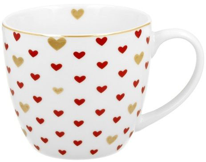 Kubek porcelanowy Serca 3 – 460 ml z motywem czerwonych i złotych serc.